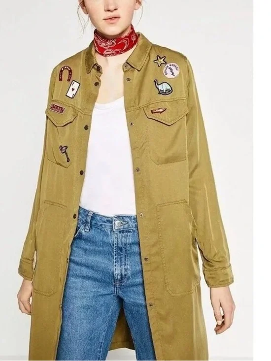 Zara Olive Green Patchwork Long Shirt Jacket - Picture 2 of 5